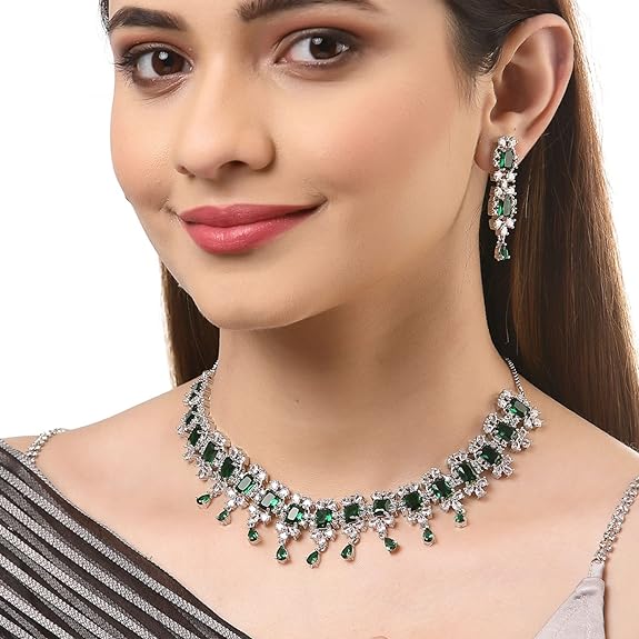 Square Shaped Silver Toned Diamond Stone Studded Necklace With Earring Jewellery SHOPEVERR SOURCE